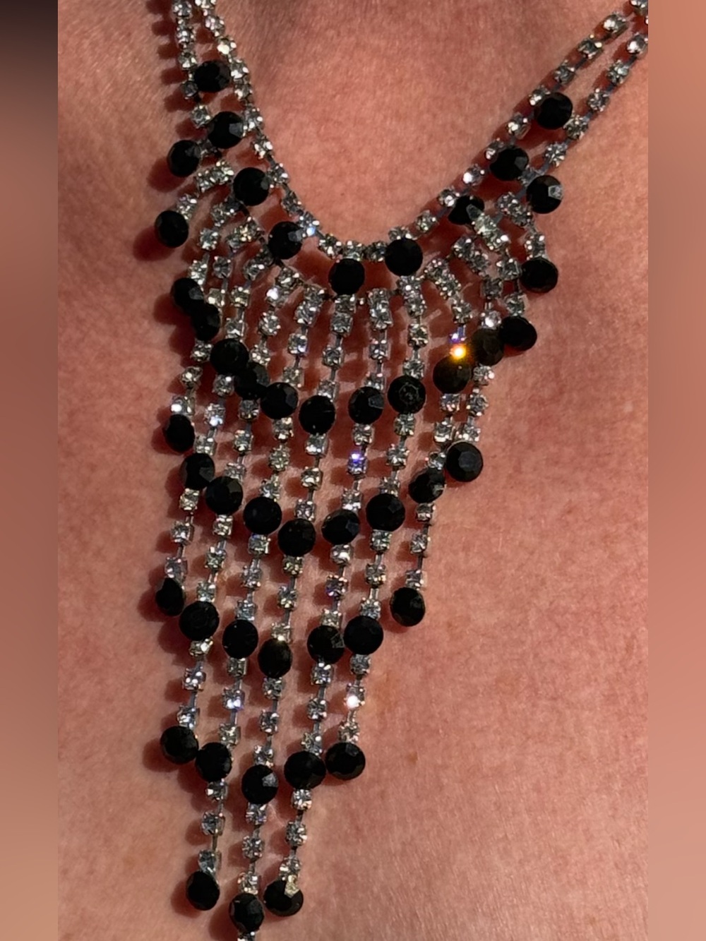 Vintage Black and Clear Crystal Rhinestone Cascade Fringe Necklace